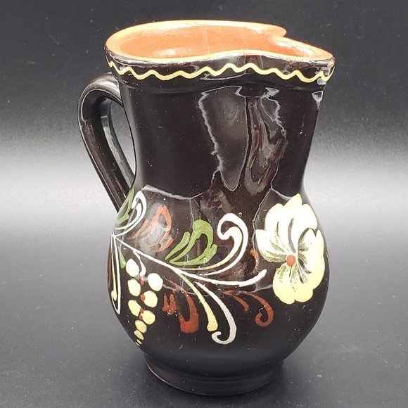HUNGARIAN Redware Hand Painted Brown Floral Beige Green Glazed Handled Pitcher - Picture 11 of 11